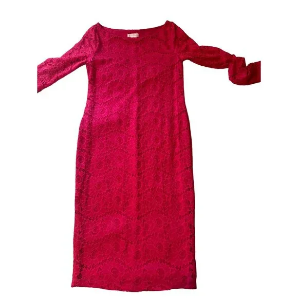 💖Ingrid & Isabel Women's Long-Sleeve Hot Pink Lace Midi Dress - Size S - Picture 1 of 5
